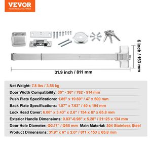Porta di emergenza commerciale porta Push Bar Panic leva in acciaio inox 31 '3 chiavi 30-36 "metallo legno porta Hardware - Product Image 6