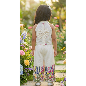 Conjunto coordinado premium para niños, sin mangas, de algodón khadi, con top corto con bordado floral dori, pantalón largo y lazo, para fiestas. - Product Image 2