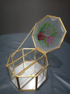 Geometric Glass Necklace Jewelry Box with Floral <b>Mirror</b> Lid Gold Frame Cosmetic Storage Organizer Decorative <b>Octagonal</b> Design - Product Image 5