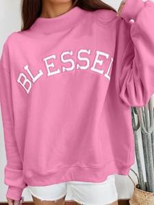 Sudadera de cuello alto para mujer, holgada, con hombros caídos, rosa, con estampado BLESSED, de forro polar - Product Image 1