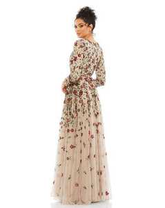 Vestido Maxi de Noche con Lentejuelas y Bordados a Rayas, Manga Larga, Espalda Descubierta, Corte A, Largo hasta el Suelo, 100% Poliéster, Cintura Imperio, Color Champán - Product Image 4