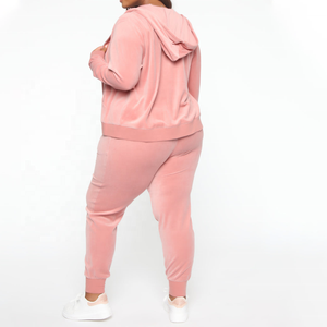 New Stylish Breathable Regular Fit <b>Women</b> Pink <b>Velvet</b> Zip Hoodie Drawstring <b>Jogger</b> Pants Casual Two Piece Velour Tracksuit Set - Product Image 2