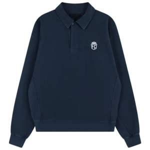 Conjunto de Sudadera Polo y Jogger de Algodón Grueso Lavado Azul Marino para Hombre, Pantalones Deportivos de Moda Urbana con Cuello Acanalado - Product Image 1