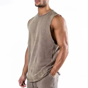 Débardeur en coton uni pour homme, col rond, tricoté, décontracté, sans manches, gris - Product Image 1
