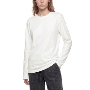 Camiseta Blanca de Manga Larga para Mujer, Cuello Redondo, Algodón Liso, Básica, Casual, al por Mayor - Product Image 2