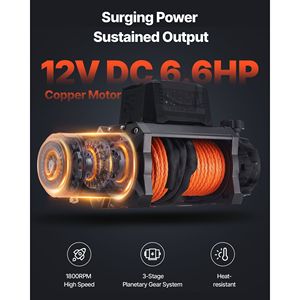 กว้านไฟฟ้า 12V DC รับน้ำหนักได้ 12000 ปอนด์ พร้อมเชือกสังเคราะห์ขนาด 3/8 x 92 ฟุต ควบคุมแบบไร้สายและแบบมีสายสำหรับรถบรรทุก - Product Image 3