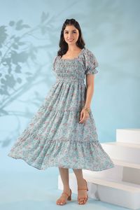 Robe en mousseline à imprimé floral, col carré, manches bouffantes, coupe trapèze, style bohème, taille élastique, coupe décontractée, tenue décontractée d'été - Product Image 3