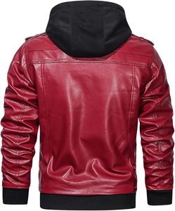 Blouson moto en cuir rouge pour homme, à capuche, fermeture éclair, coupe ajustée, manches classiques, style automne, coupe-vent, veste de motard - Product Image 6