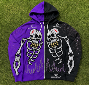Custom Black Purple Skeleton <b>Hoodie</b> Men's <b>Gothic</b> Rhinestone Embroidered Zip Up Hooded Sweatshirt Streetwear Fashion - Product Image 6