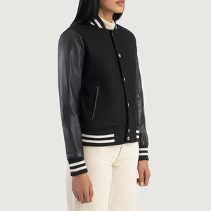 Veste universitaire unisexe noire en PU avec manches en cuir, col rabattu, fermeture à boutons, style preppy, vêtement d'automne - Product Image 3