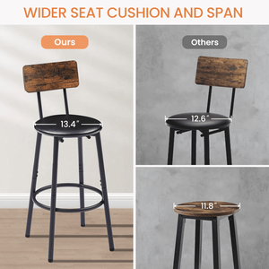 <b>Rustic</b> Brown Upholstered Round Bar Stool Set with Backrest and <b>Shelf</b> 23.62 W X 23.62 D X 35.43 H - Product Image 2