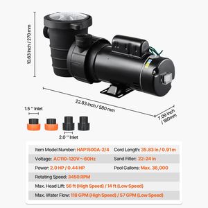 Pompa per Piscina a Doppia Velocità 2HP/0.44HP 110V 3450 RPM con Portata Elevata (56 Piedi) di 118 GPM e Portata Bassa (14 Piedi) di 57 GPM - Product Image 3