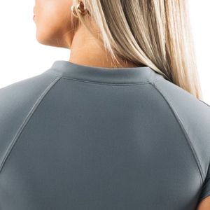 Gray Women's Short Sleeve <b>Zip</b> <b>Up</b> Performance <b>Crop</b> Top Quick Dry Athletic Shirt for Workout Gym Yoga Fitness Activewear - Product Image 5