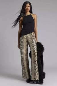 Pantalones anchos de cuero Python con cintura con cordón para mujer, ropa informal a la moda - Product Image 4
