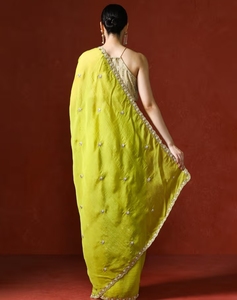 KV Green Embellished <b>Satin</b> Silk Beads and Stones <b>Saree</b> With Unstitched Blouse - Product Image 2