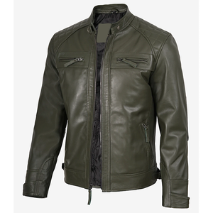 Veste en cuir de vache véritable vert olive pour homme, édition limitée, avec col montant, fermeture éclair, coupe ajustée, coupe-vent - Product Image 4