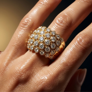 Architectural 18K Solid Yellow Gold Diamond <b>Dome</b> <b>Ring</b> Honeycomb Hexagon Cluster Wide Band For Self-Reward Luxury Gift - Product Image 2