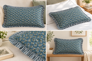 RIDHI Western Peacock Blue Floral Ruffle Lumbar Pillow <b>Cover</b> <b>Set</b> Hand Block Print Eco-Friendly Cotton Customizable Removable - Product Image 3