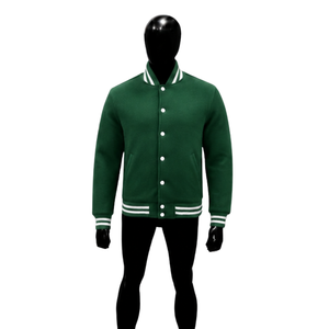 Veste universitaire en laine verte pour homme, veste de baseball personnalisée avec col, poignets et ourlet côtelés à rayures blanches, fermeture à boutons classique - Product Image 1