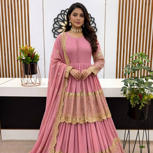 Vestido Anarkali Rosa de Diseño 2026 en Faux Georgette con Bordado Intenso, Traje de Fiesta Largo Salwar Kameez, Ropa Étnica India para Bodas, para Mujer - Product Image 1
