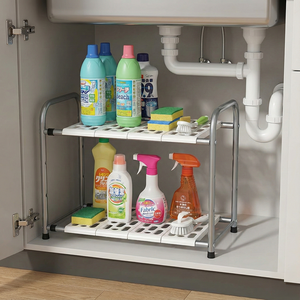 Oferta Shopee: Mueble de Almacenamiento Multifuncional Moderno de Tubo de Acero para el Hogar, Estante de Fregadero de Cocina de Doble Nivel, Directo de Taiwán - Product Image 2