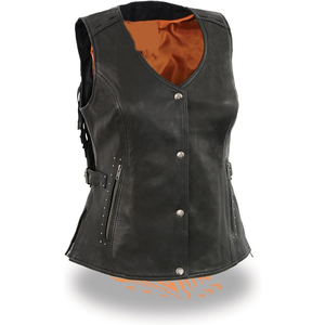 Samroz Sports Women's Black Fringed Leather <b>Rivet</b> Detail Side Buckle and Zipper Motorcycle Rider Vest - Product Image 1