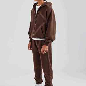 Ensemble de survêtement à capuche pour homme, imprimé géométrique marron, fermeture éclair intégrale, coupe décontractée, sweat-shirt et pantalon en coton, tenue d'automne - Product Image 5