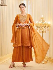 Conjunto de Salwar Kameez de Seda Naranja para Mujer con Dupatta Bordada, Traje Tradicional Étnico para Boda, Corte Holgado, Largo hasta el Tobillo - Product Image 1