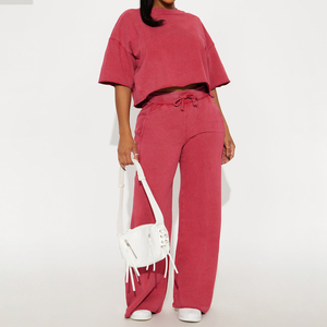 Fashion Spring/Summer Acid Wash Women's Raw Edge Crop Top Jogger Loose Fit Pink Two Piece 100% Cotton Breathable Women's <b>Sets</b> - Product Image 1