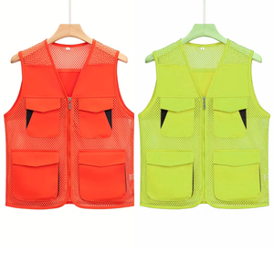 Gilet utilitaire tendance multi-poches avec fermeture éclair, sans manches, en maille, couleur orange, pour la pêche, la photographie, les activités de plein air pour hommes - Product Image 6