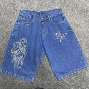 Blue Vintage Breathable <b>Embroidered</b> Denim Shorts Men Summer Casual Streetwear Mid Waist Straight Fit Belted Knee Length <b>Jeans</b> - Product Image 1