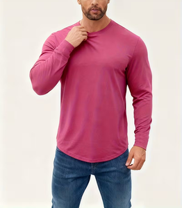 Men's Long Sleeve O-Neck T-Shirt Solid Pink Regular Fit Casual Knitted Jersey 100% Cotton Breathable Quick Dry 180g - Product Image 1