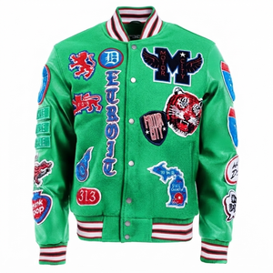เสื้อแจ็คเก็ตวาร์ซิตี้สีเขียวพาร็อตสุดเทรนดี้ แบบคัสตอม ปักอักษรแบบ Letterman สไตล์เบสบอล บอมเบอร์ เสื้อผ้าสตรีทแวร์ผู้ชาย วินเทจ ปักลายเชนิลล์ด้านหน้า แบบ 3 มิติ - Product Image 1
