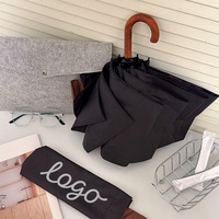 Parapluie compact pliable en 3 sections, avec poignée en bois courbée rétro, protection UPF50, double usage soleil/pluie, 8 baleines, revêtement noir, pour femme, marque OEM