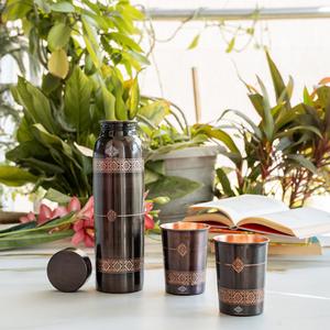 Ensemble de vaisselle en cuivre pur Indian Art Villa, finition antique, design en relief, sans BPA, anti-fuite, écologique, sans plastique - Product Image 1