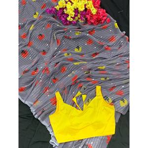 Ropa de fiesta con estampado de flores, secuencia de trabajo, Sari gris - Product Image 1