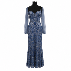 Womens Dusty Blue <b>Sequin</b> Embroidered Modern Draped Maxi Dress Sheer Long Sleeve Elegant Evening Wedding Formal Prom Party Gown - Product Image 1