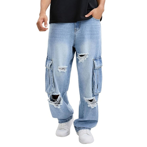 Jean cargo déchiré bleu clair pour homme, taille mi-haute, en denim vieilli, style urbain, pantalon en coton respirant, tenue décontractée d'été - Product Image 3
