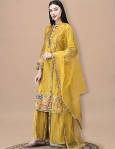 KV Women's Poly <b>Silk</b> Jacquard Mustard <b>Kurta</b> Sharara Dupatta - Product Image 4