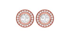 Boucles d'oreilles clous en or rose avec diamants, taille brillant rond, halo, bijoux de mariage pour femme, style classique, diamants naturels couleur G - Product Image 1