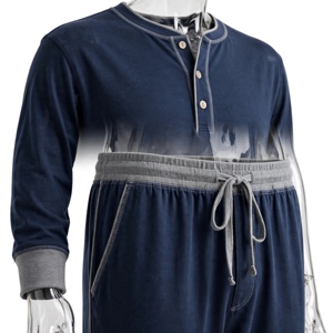 Ensemble de pyjama pour homme en bleu foncé à manches longues avec bordure grise, tricot doux 100% coton, vêtements décontractés pour l'automne - Product Image 6