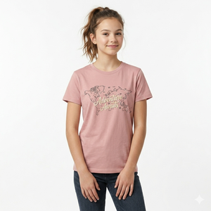 Camiseta de Cuello Redondo con Estampado Floral de Mapa del Mundo, Color Rosa, para Mujer, Ajuste Delgado, Manga Corta, 100% Algodón Jersey, Transferencia Térmica - Product Image 2
