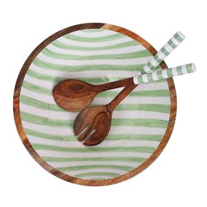 Modern Striped Enamel Wooden Serving Bowl Eco-Friendly Handcrafted Round Salad Bowl & Servers <b>Set</b> for Kitchen Dining Decor Bowls - Product Image 1