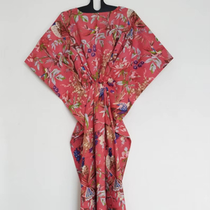 Vestido Kaftán de Algodón Boho con Estampado de Aves, Hecho a Mano, Maxi, para Playa, Ligero, para Verano - Product Image 1