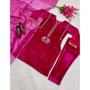 DESGASTE FIESTA BORDADO TERCIOPELO TRABAJO TOP BOTTOM CON DUPATTA ROSA - Product Image 4