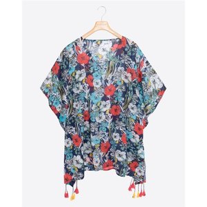 ชุดเดรสคาฟทันชายหาดสั้นพิมพ์ลายดอกไม้สไตล์โบฮีเมียน ผลิตจากผ้าฝ้ายเป็นมิตรต่อสิ่งแวดล้อม คอวี แขนทรงปีกค้างคาว แต่งพู่ระบายอากาศได้ดี - Product Image 4