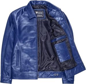 Vestes Deified pour hommes, veste moto en cuir véritable bleu, col rabattu, fermeture éclair, longueur normale, vêtements d'automne - Product Image 1
