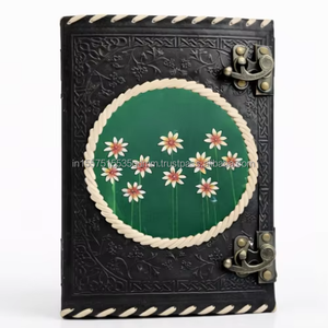 Atlasease Handmade Hand Painted Black Leather Journal Colorful Flower Art Vintage Customizable Notebook Dual Metal <b>Lock</b> Cord - Product Image 2