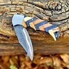 Couteau de poche pliant artisanal en acier Damas cuivré, manche en bois, étui en cuir, couteau de survie pour l'extérieur, Skinner Knives Pasha Enterprises - Product Image 5