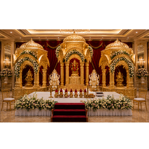 Scène de temple traditionnelle sculptée en or pour les mariages Tamils et Telugu, scène de luxe pour les mariages hindous d'Inde du Sud et Kalyana Mandapam - Product Image 1